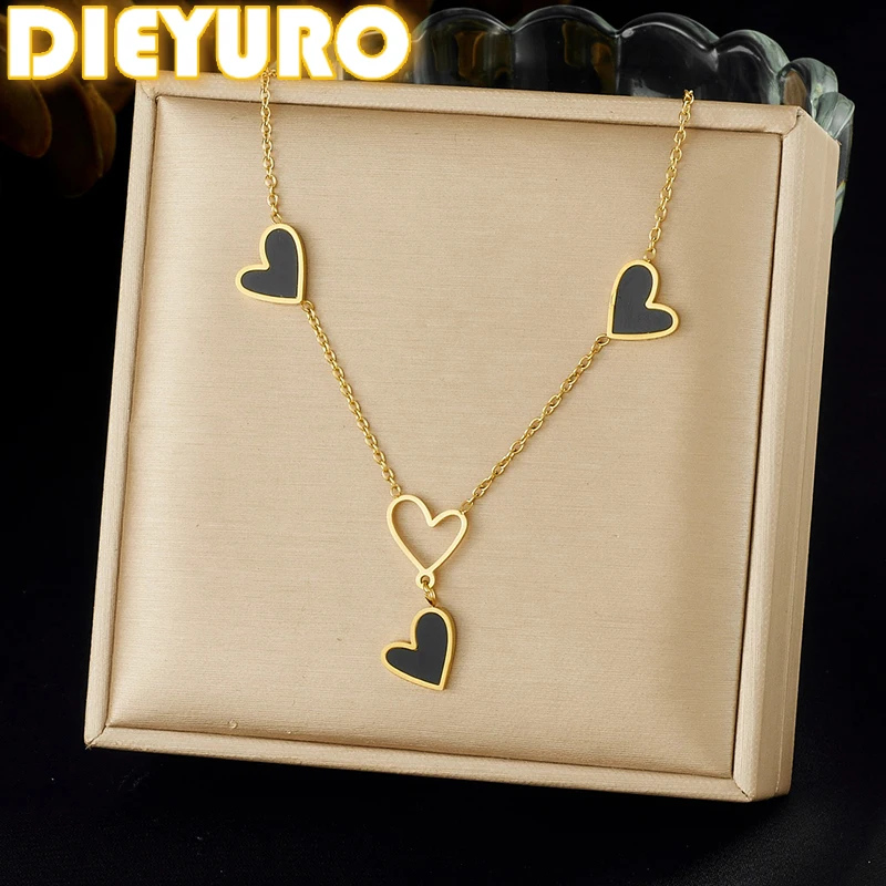 DIEYURO 316L Stainless Steel Black Heart Hollow Out Love Classic Pendant Necklace Lady  Trend Vacation Clavicle Chain Jewelry