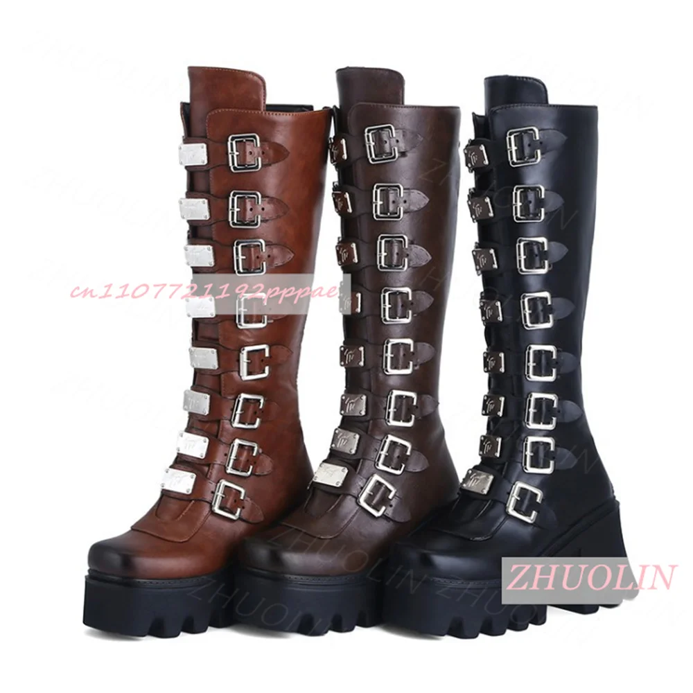 Women Brown Knee High Boots Platform Chunky Heel Multiple Buckle Strap Tall Boots Punk Biker Style Leather Look Combat Boots 44