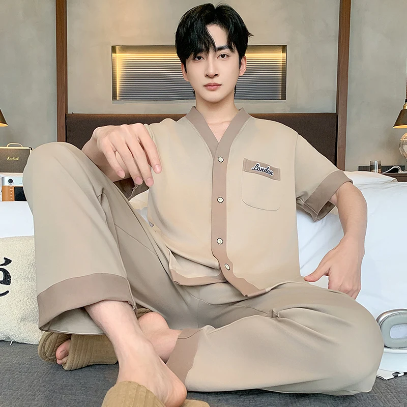 Summer V-Neck Pyjamas Male Pajamas Sets Solid Color Japanese Kimonos For Men Big Yards L-4XL Buttoned Cardigan Cotton Yukata