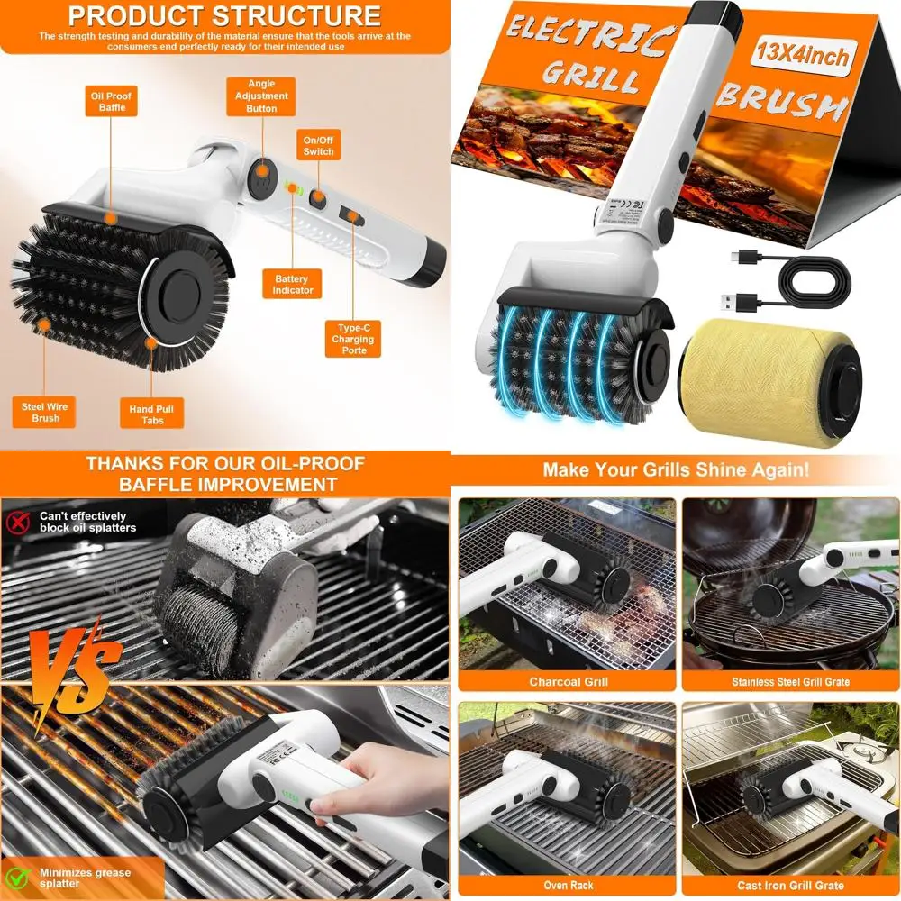 

Rechargeable BBQ Grill Brush with Dual Heads: Steel & Sponge - 2-Speed, 90° Adjustable for Easy Outdoor Grill Cleaning