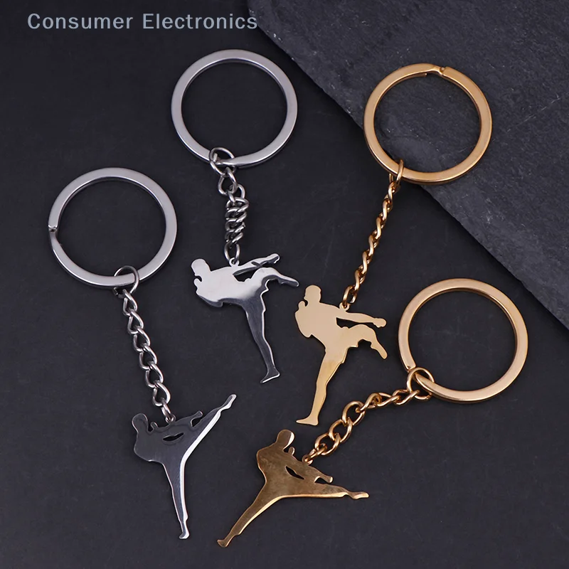 Taekwondo High Kick Keychains For Men Titanium Steel Sports Charm Karate Jiu Jitsu Keyring Jewelry Male Boys Gym Gifts