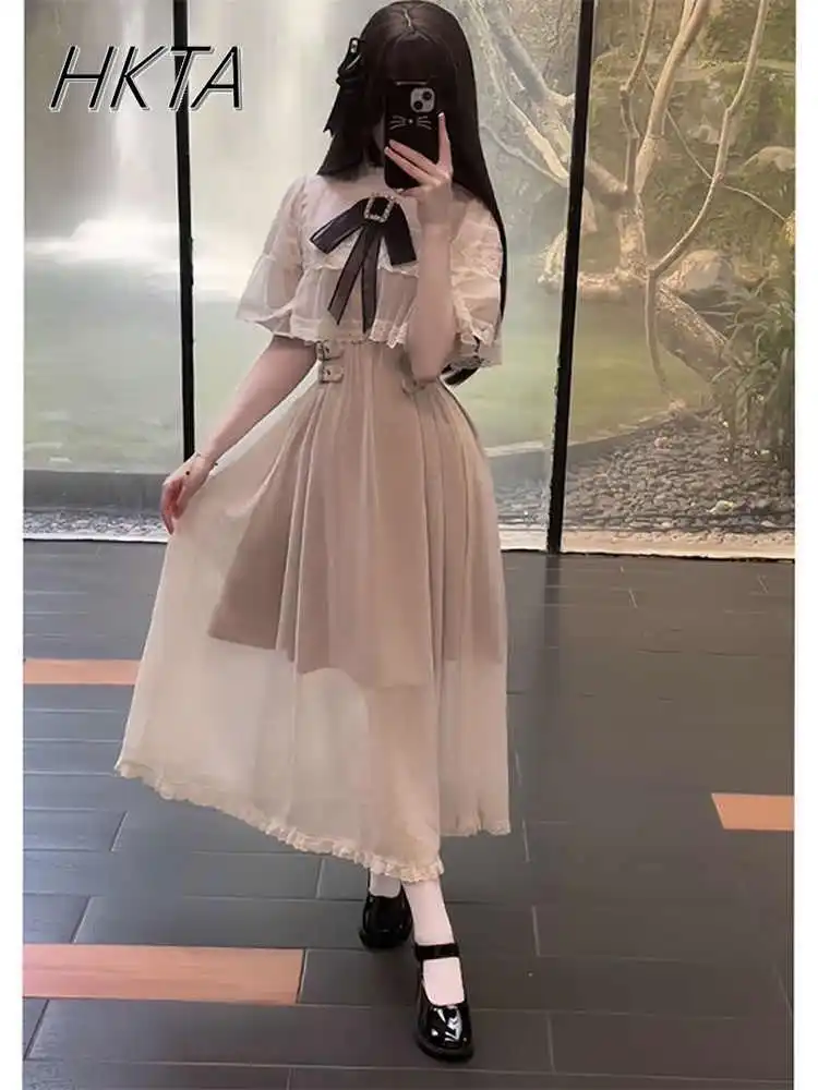 

Japanese Mine Series Mass Production Hood Yarn Cape lolita Dresses Women Lace with Brooch Bow Waist Black Long Dress Female