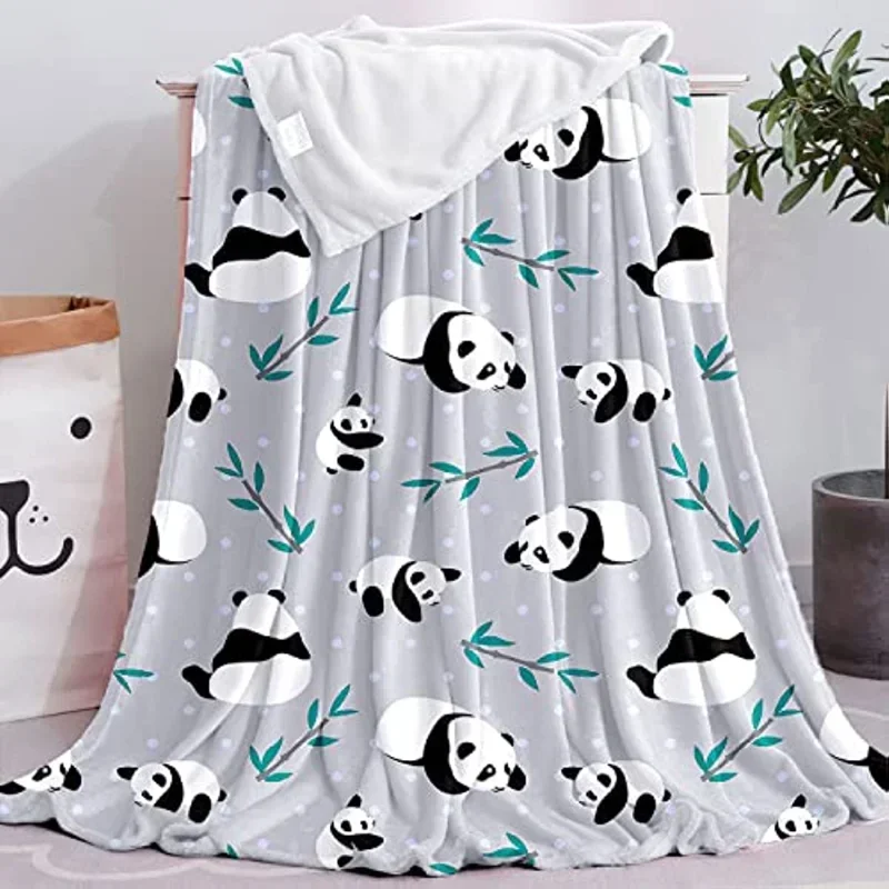 Cute Panda Print Grey Blanket for Kids Adults Super Soft Warm Plush Fluffy Throw Blanket for Couch Sofa Bed Office Decor Gift