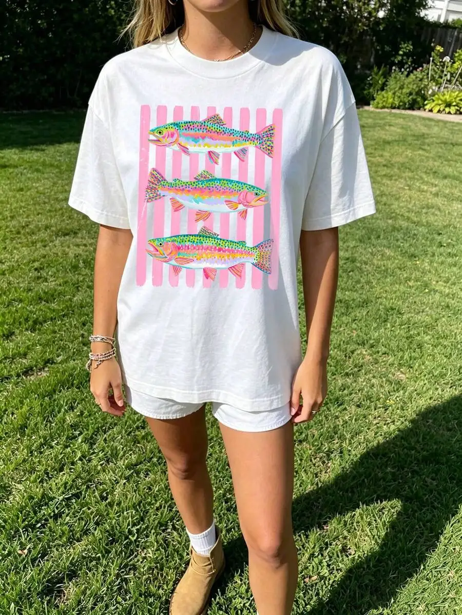 Women's Preppy Coquette Rainbow Trout Fish Neon Pink Aesthetic Coastal Cottagecore Graphic Print T‑Shirt Crew Neck Short Sleeve Summer Loose Fit Casual Tee Top