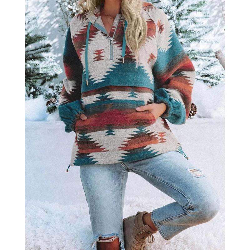 Women's Loose-Fitting Hoodie with Zipper, Long Sleeves, and Aztec Print, Loose-Fit Sweatshirt.