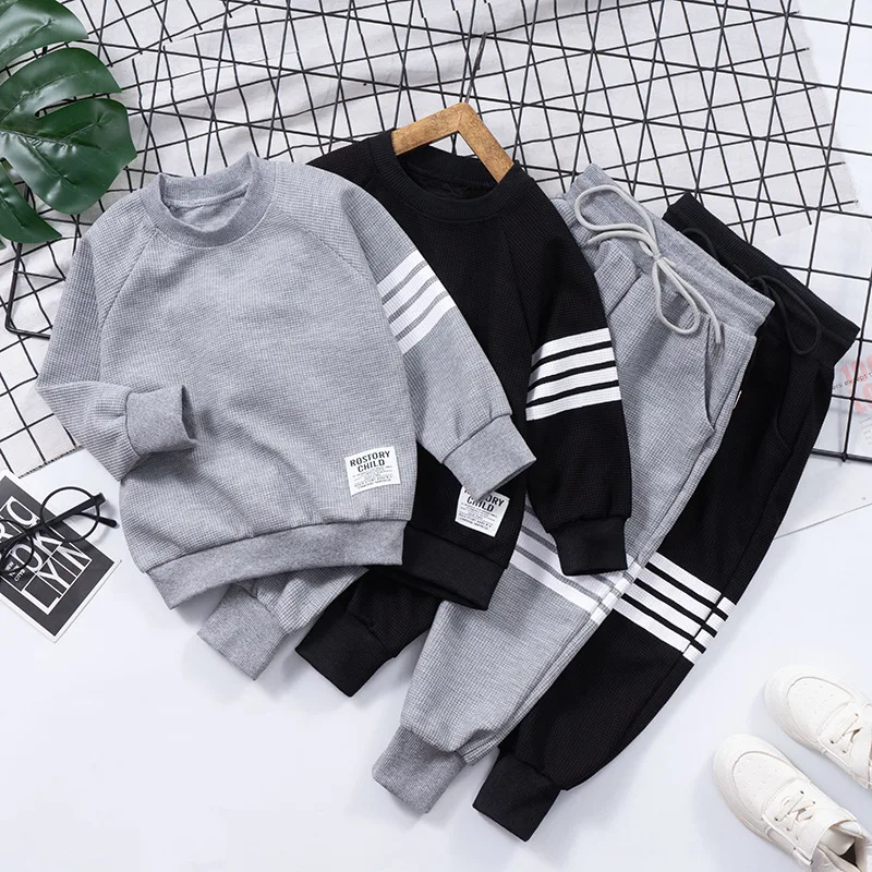 

Spring Striped Baby Boys Workout Sweatshirt + Drawstring Sweatpant Sets Kids Tracksuit Child Jumper Pant Jogger Set 1-8 Years