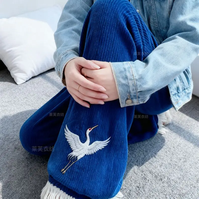 سراويل شتوية صينية جديدة، طراز وطني، فاخرة، سراويل واسعة الساق مطرزة بالزهور، ثنية للخريف والشتاء