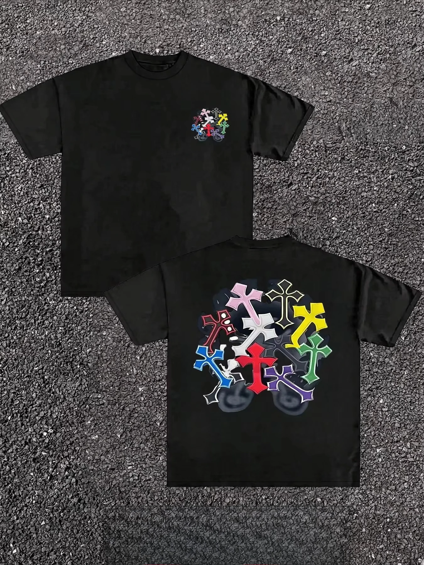 2026 New Cross Symbol Graphic T Shirt Men Colorful Cross Back Print Soft Cotton Short Sleeve Gothic Streetwear Tee