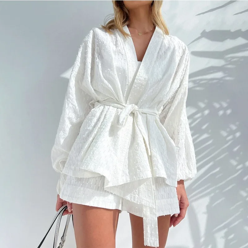 Europe, America Spring  Summer Fashion New V-neck Bubble Sleeve Suit Women's  Design Sense Lace-up Waist Jacquard Two-piece Set