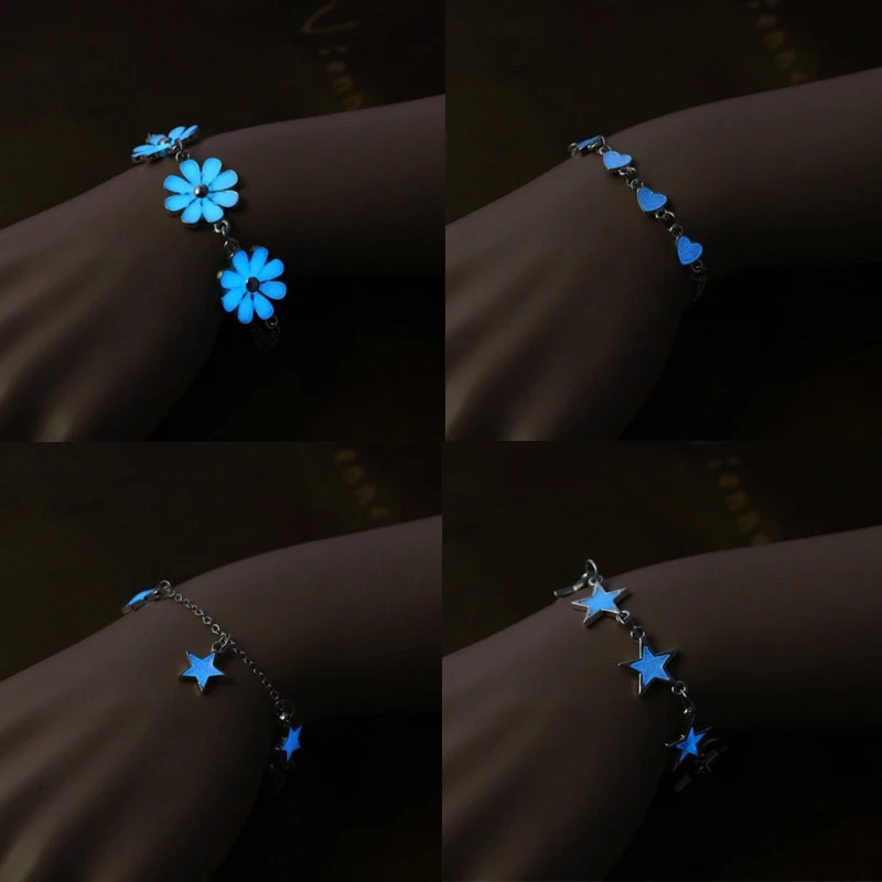 b127  Fluorescent Design Sense Bracelets Heart Star Flower Shape Bracelets Glow in The Dark Luminous Bracelet Women Jewelry