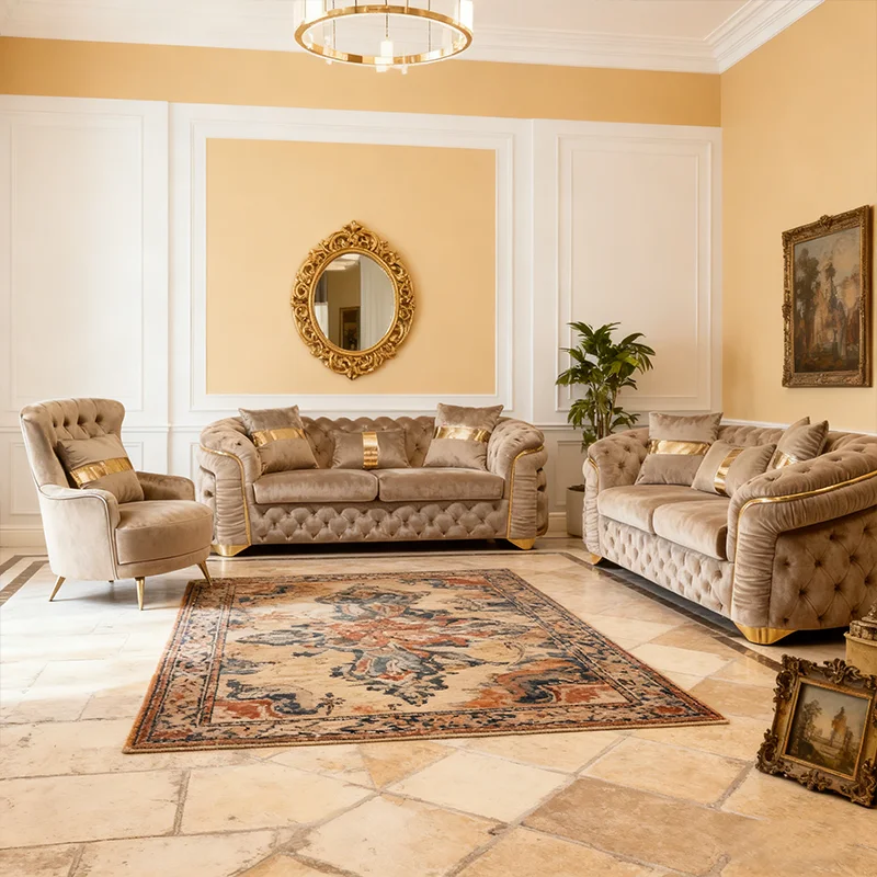 # Luxury Sofas Set Furniture Velvet Fabric Foam Couches with Gold Decorations Modernos