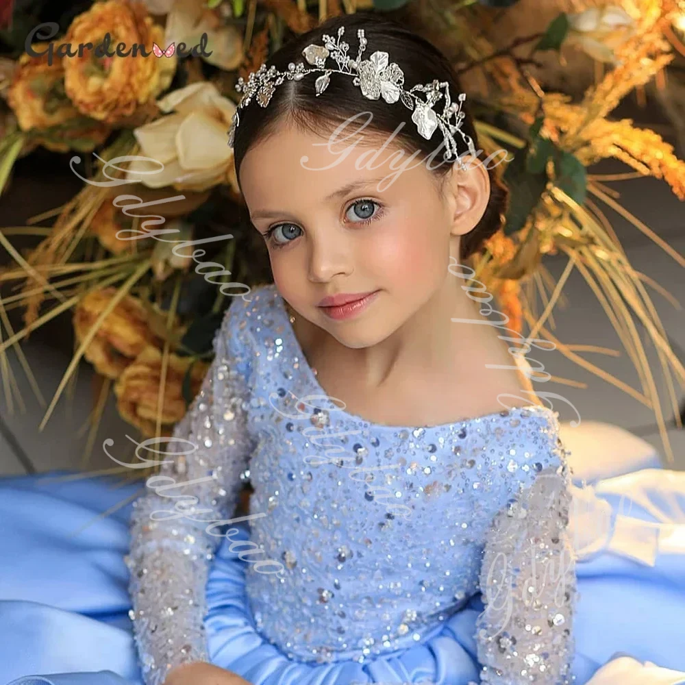 Sky Blue Full Sleeve Birthday Dress Little Girls Sequined Satin Princess Pageant Dress Toddlers Ball Gown Flower Girl Party Gown