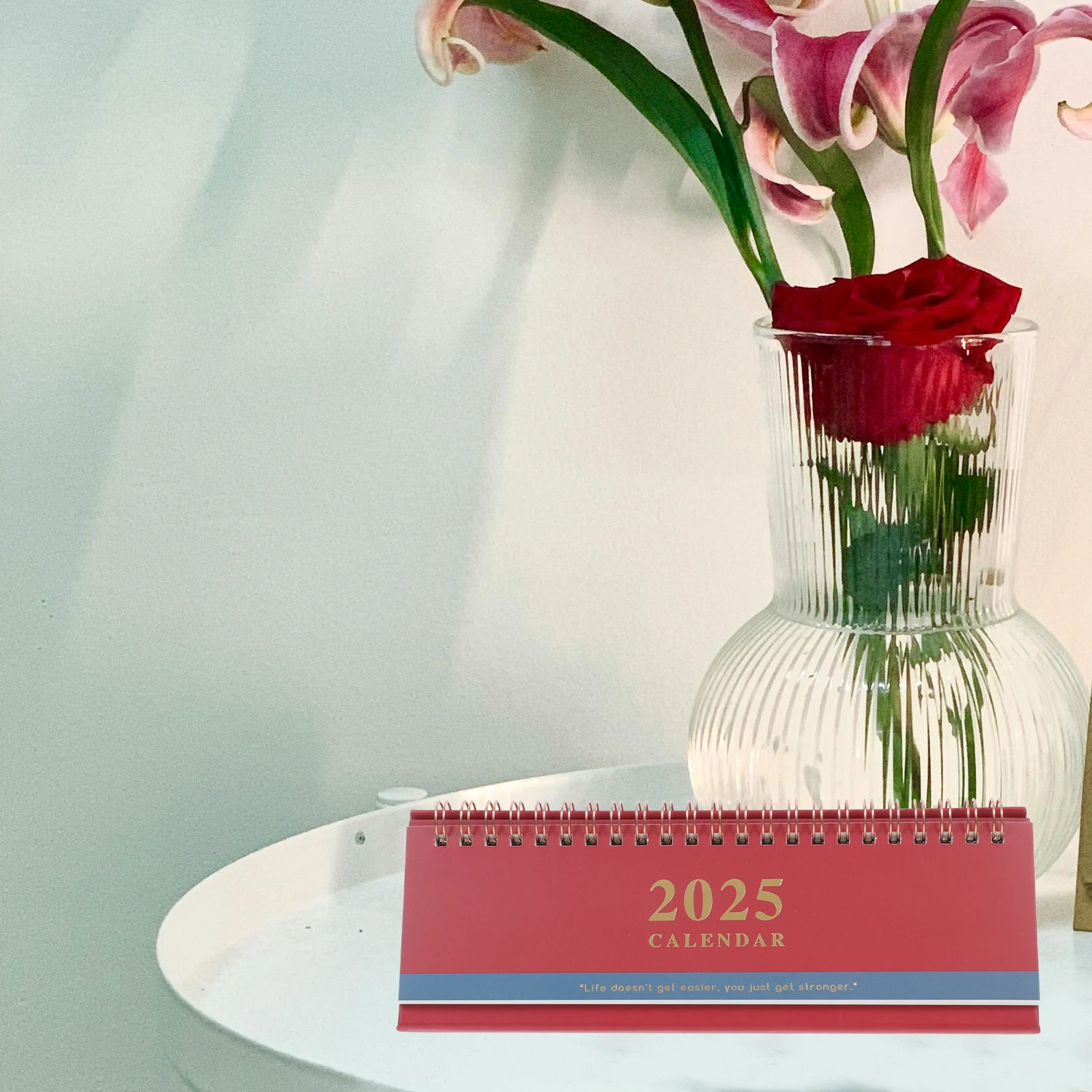 Calendario de escritorio, planificador de bobina creativo largo, soporte decorativo, decoración roja, tapa