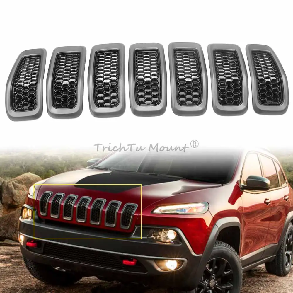 

7Pcs Gray Black Front Honeycomb-Mesh Grill Grille Insert Trim Ring Cover For Jeep Cherokee 2014 2015 2016 2017 2018