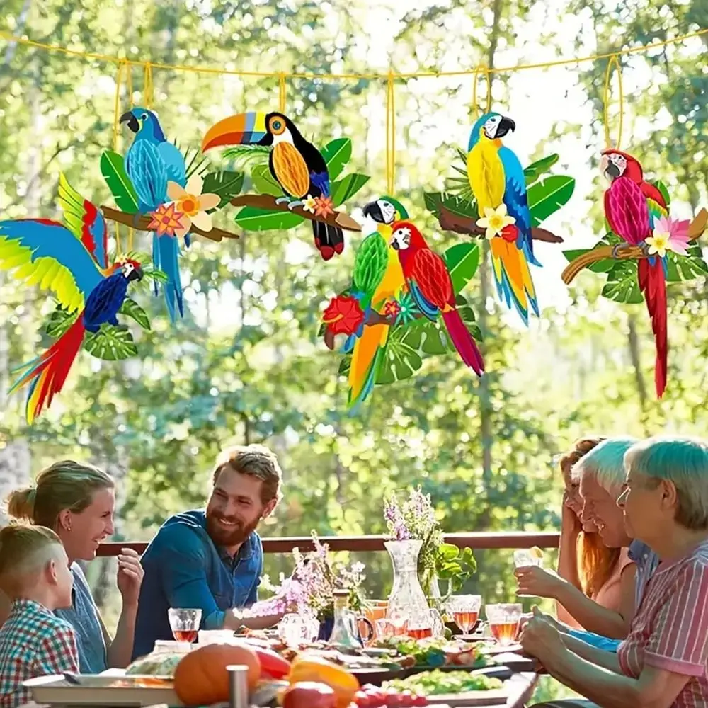 6Pcs Cute Parrot Bird Sign Creative Honeycomb Paper Pendant Summer Tropical Parrot Decoration Art Design Party Supplies