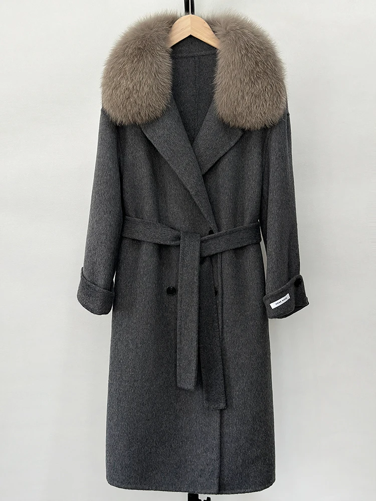 Jaket Bulu Rubah Asli Ukuran Besar untuk Wanita Musim Dingin 2025, Mantel Kasmir Campuran Wol Panjang dengan Sabuk, Pakaian Hangat Wanita untuk Gaya Jalanan