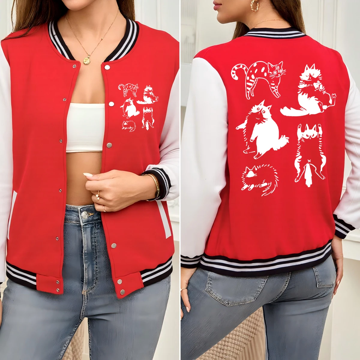 

Funny Playing Cat Printing Jacket Woman Loose Cotton Baseball Uniform Autumn Hip Hop Clothes All-Match Colorful Streetwear