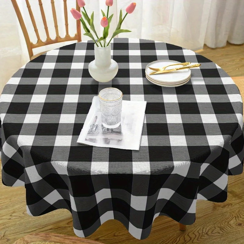One round black and white checkered tablecloth - anti-wrinkle polyester fabric, 61x61 inches, suitable for the dining roomzyc