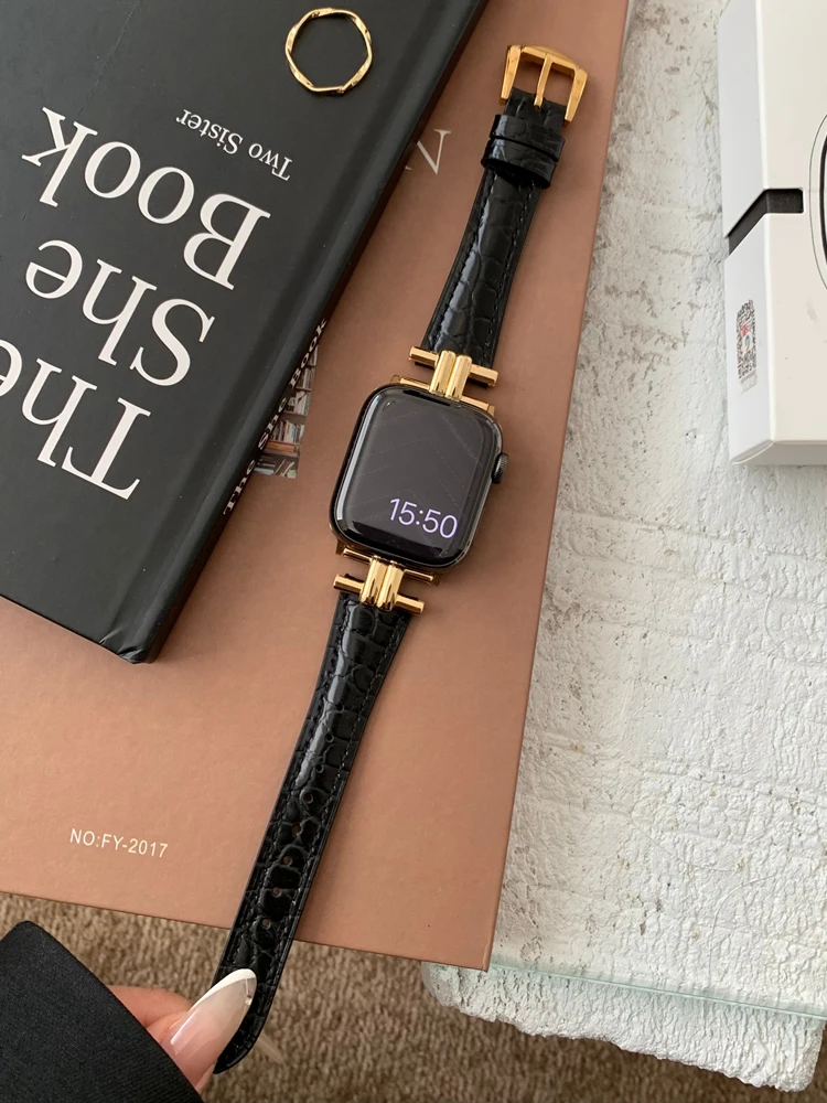 

Ремешок из натуральной кожи для iWatch Series 8 7 6 5 4 3 SE, роскошный Золотистый металлический тонкий браслет для Apple Watch 40 мм 41 мм 38 мм 45 42 44 49