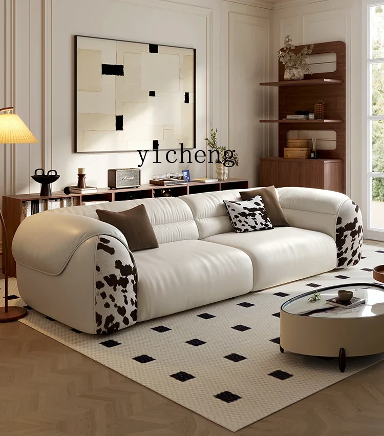 TQH modern Italian first-layer cowhide designer cream wind straight row three-person living room leather art combination