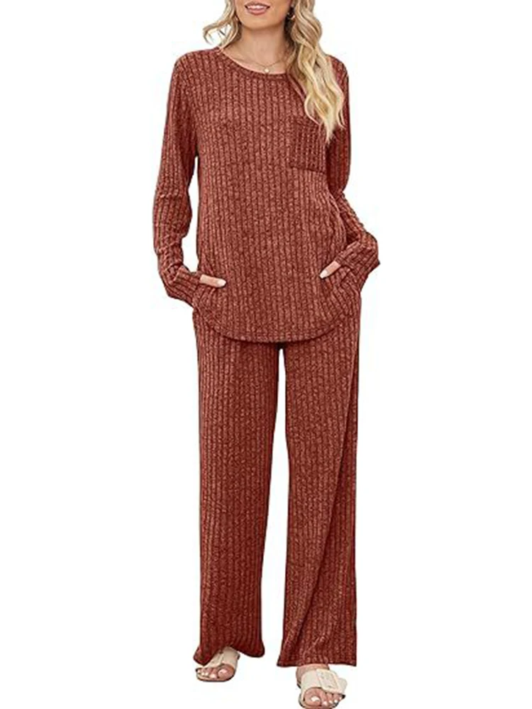 Plus Size Set Women 2 Pieces Female Clothing Long Sleeve Pant Suit Pocket Solid Homesuit Elastic Waist Loose Fitting Elegant Set