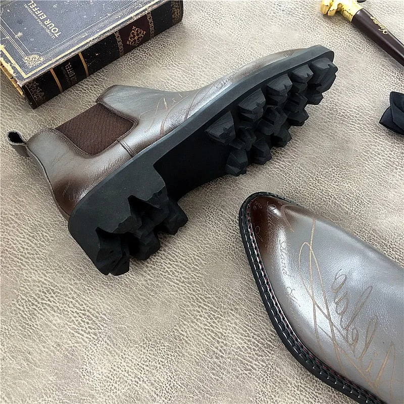 Italian Genuine Leather Mens Ankle Boots Pointed Toe Black Grey Men\'s Chelsea Boots British Style Italian Shoes Type Dress Boots