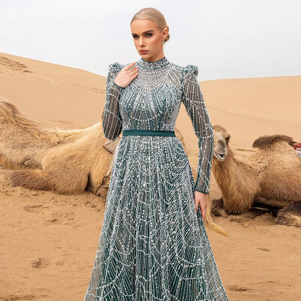 Elegant Muslim Pearls Beads Evening Dress for Women 2026 High Neck Long Sleeves Aline Formal Prom Wedding Party Gowns Customized
