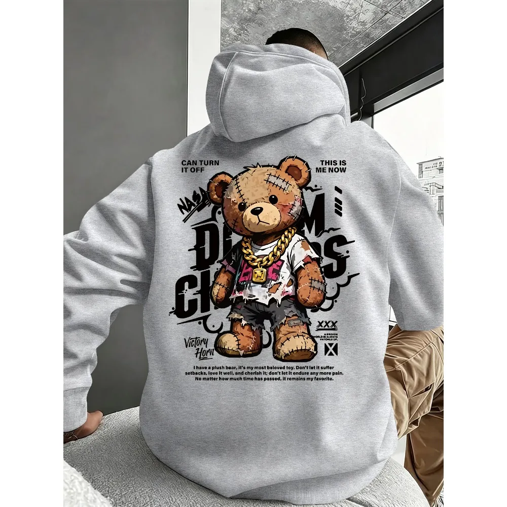 Hip Hop Patch Teddy Bear Graphic Hoodie Ripped Stitched Bear With Gold Chain Double Side Print Loose Men Hoodie