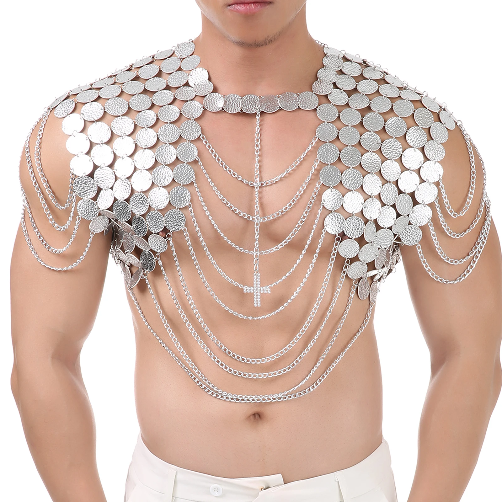 

Silvery Shiny Crop Top Sexy Faux Leather Sequin Chains Armour Clothing Erotic Man Fetish Costume Tank Crucifix Decor Clubwear