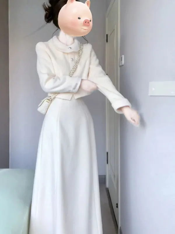 

Ele Gentle Sle Two-Piece Set Coat And Skirt Ensemble Comfortable Long Sve Button-Up Cotton Blend Workwear for Women