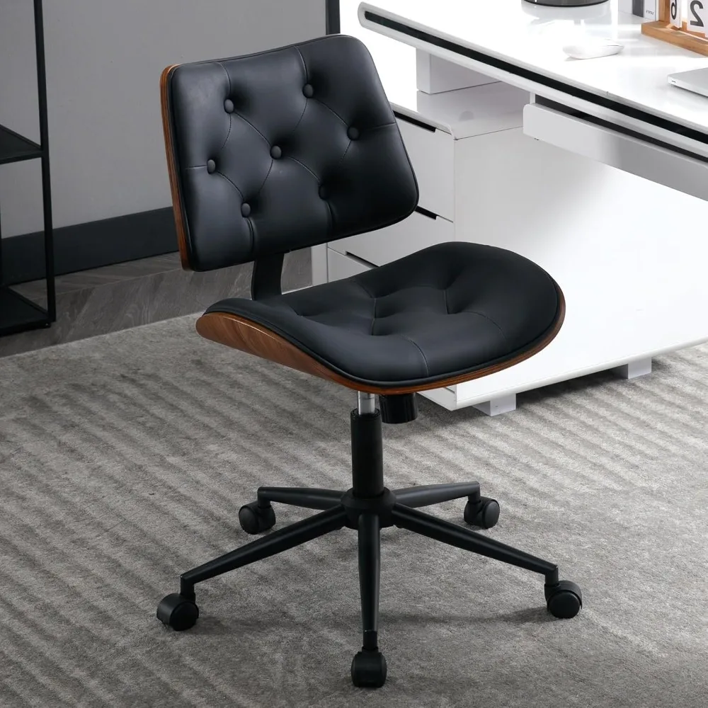 Armless Home Office Chair Modern Walnut Chair with Wheels Mid Back Swivel Computer Chair No Arm Adjustable Height Leather Desk