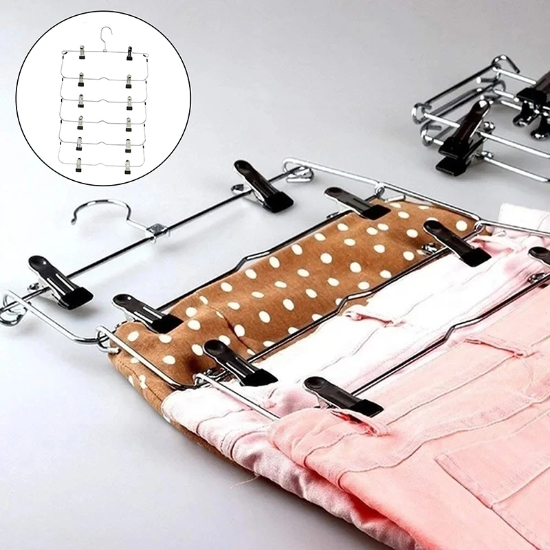 

6 Layer Clothes Hangers Multilayer Skirt Trouser Hanger For Pants Non Slip Metal Hanger Clips Clothing Storage Rack Holder