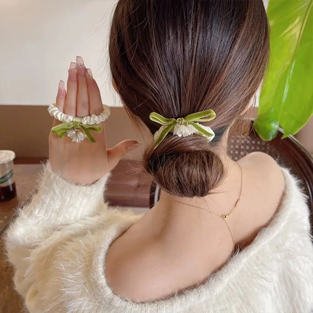 Temperament Flower Hair Rings Summer Little Fresh Elastic Rubber Band Green Bell Ponytail Holder Hair Styling Accessory Gift