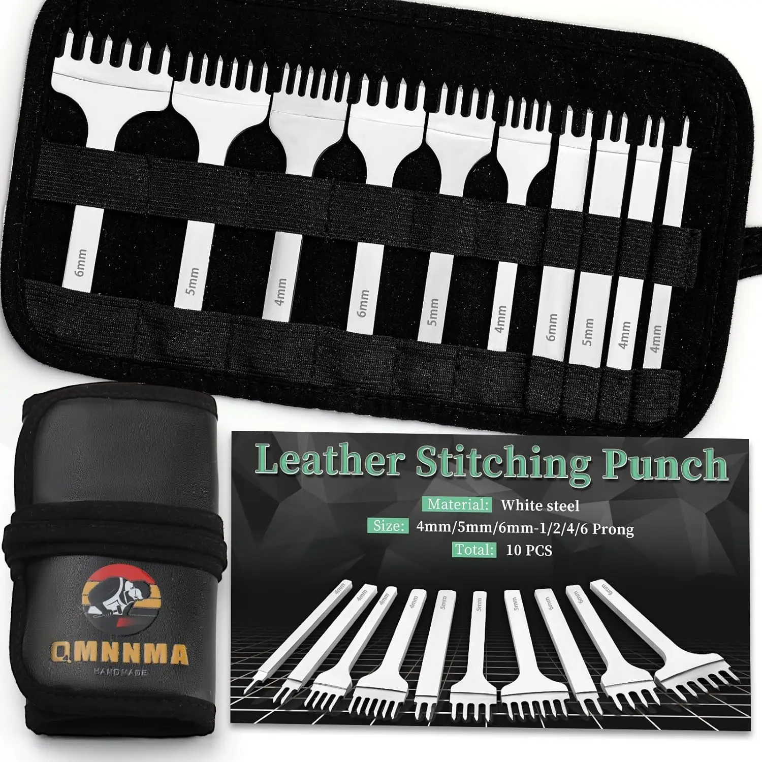 

10Pcs Leather Stitching Punch Hole Punch Diamond Stitching Lacing Chisel Set 1/2/4/6 White Steel Prong with Storage Bag