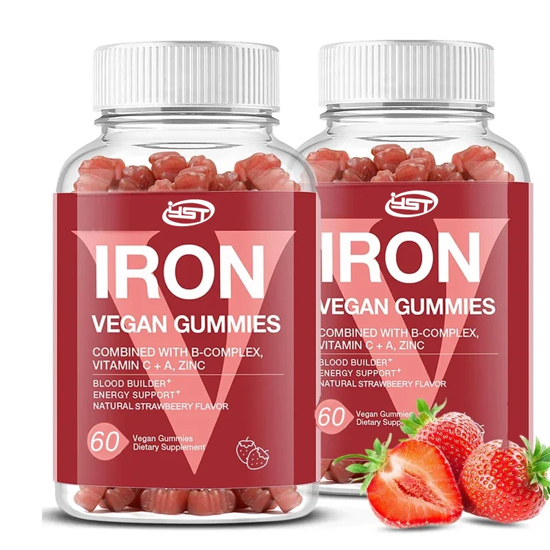 

Iron gummies for women and children containing iron, blood oxygen, vitamins, and vitamin C, vegetarian (60 pills, strawberries)