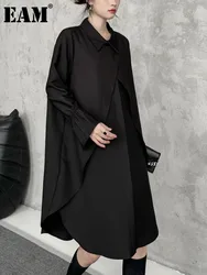 [EAM] Women Black Irregular Big Size Knee-Length Shirt Dress New Lapel Long Sleeve Fashion Tide Spring Autumn 2024 1DH6861