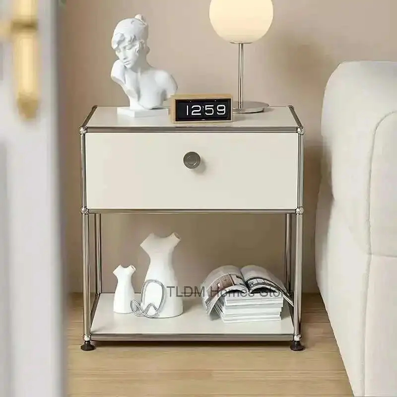 

Minimalist Nightstand Medieval Bedroom Furniture Module Storage TV Side Cabinet Modern Stainless Steel Frame Bedside Table g