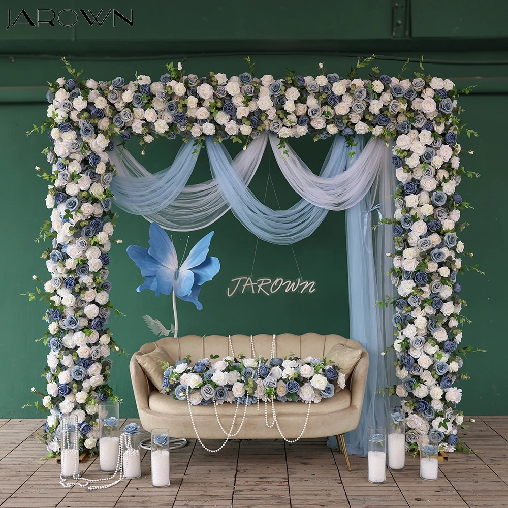 

Wedding Decorations Blue White Artificial Realistic Rose Greens Flowers Runner for Event Backdrop Decoration Floral J2654