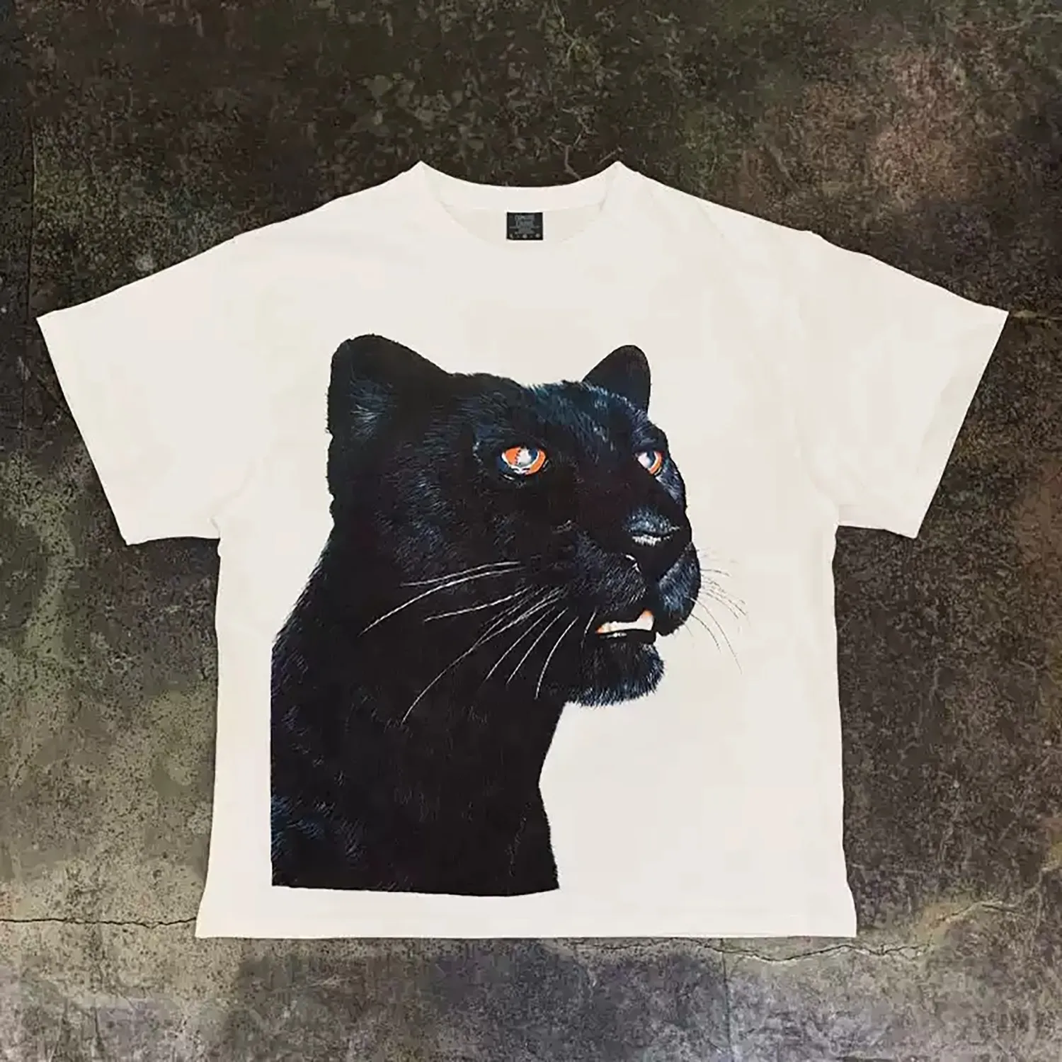 Men's Realistic Black Panther Portrait Graphic T-Shirt, Vivid Wild Animal Head Art Print Crew Neck Loose Vintage Washed Cotton Short Sleeve Tee.