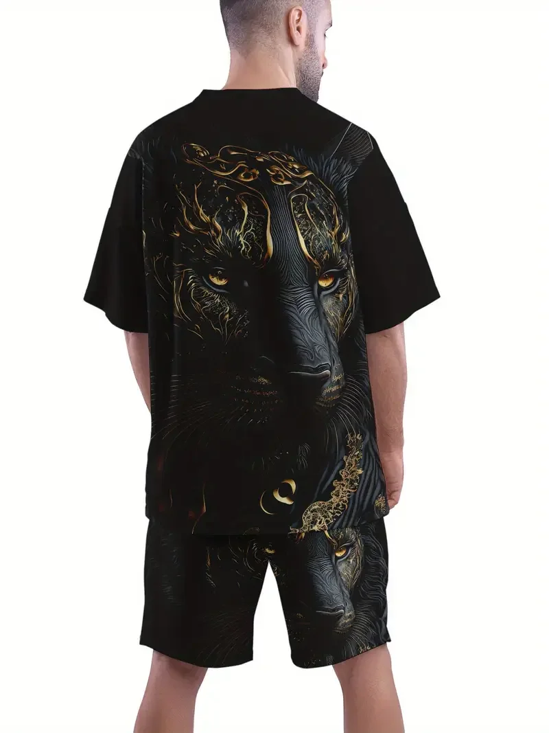 Men's Fashionable Casual Short Sleeved Shorts 3D Set Men's Summer Short Sleeved Round Neck T-shirt Set