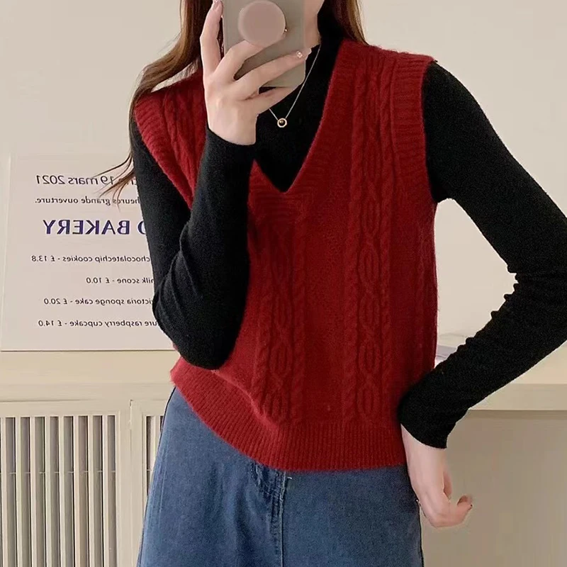 HELIAR Women V-neck Sweater Vest Solid Sleeveless Preppy Style Sweet Knitted Vest Female Casual Pullover Waistcoat Fall Winter