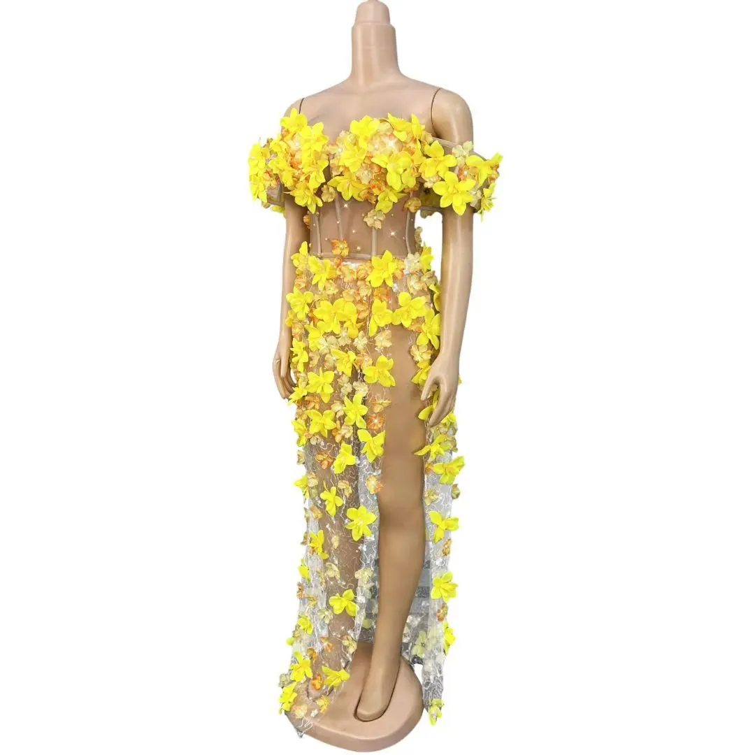 Huanghuaban Sexy Tight Corset Split Skirt Set Yellow Petal Perspective Mesh Card Shoulder Sleeve Dress Bar Performance Dress