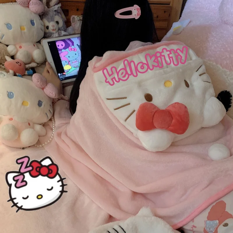 Sanrio Hello Kitty สีชมพูผ้าคลุมไหล่ Hooded Y2k Kawaii Soft Plush ผ้าห่มเล็กผู้หญิงสำนักงานหอพักบ้าน Essential สแควร์ Cape Shawl