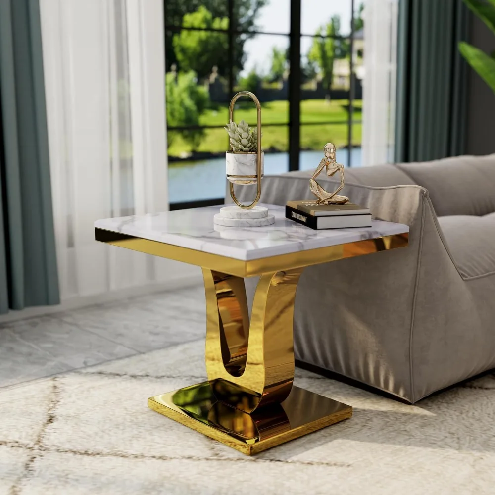 Gold End Table, Modern 26 inch Square Living Room Side Table with White Top and Gold Mirrored Metal U-Base for Living Room