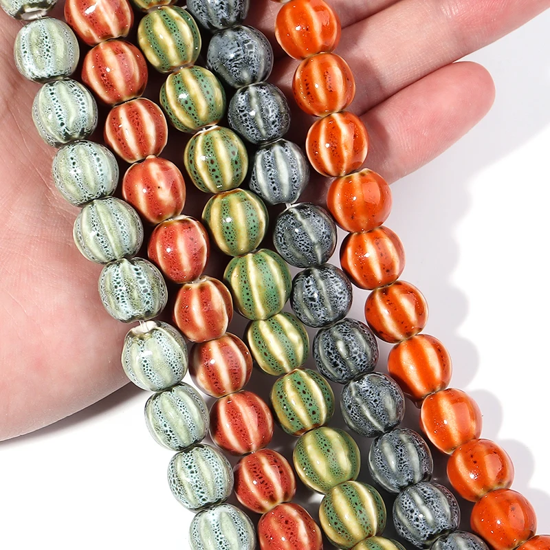 1 String 11.5mm Ceramic Round Beads Colorful Pumpkin Shaped Stripes Loose Beads For DIY Handmade Bracelet Necklace Accessories