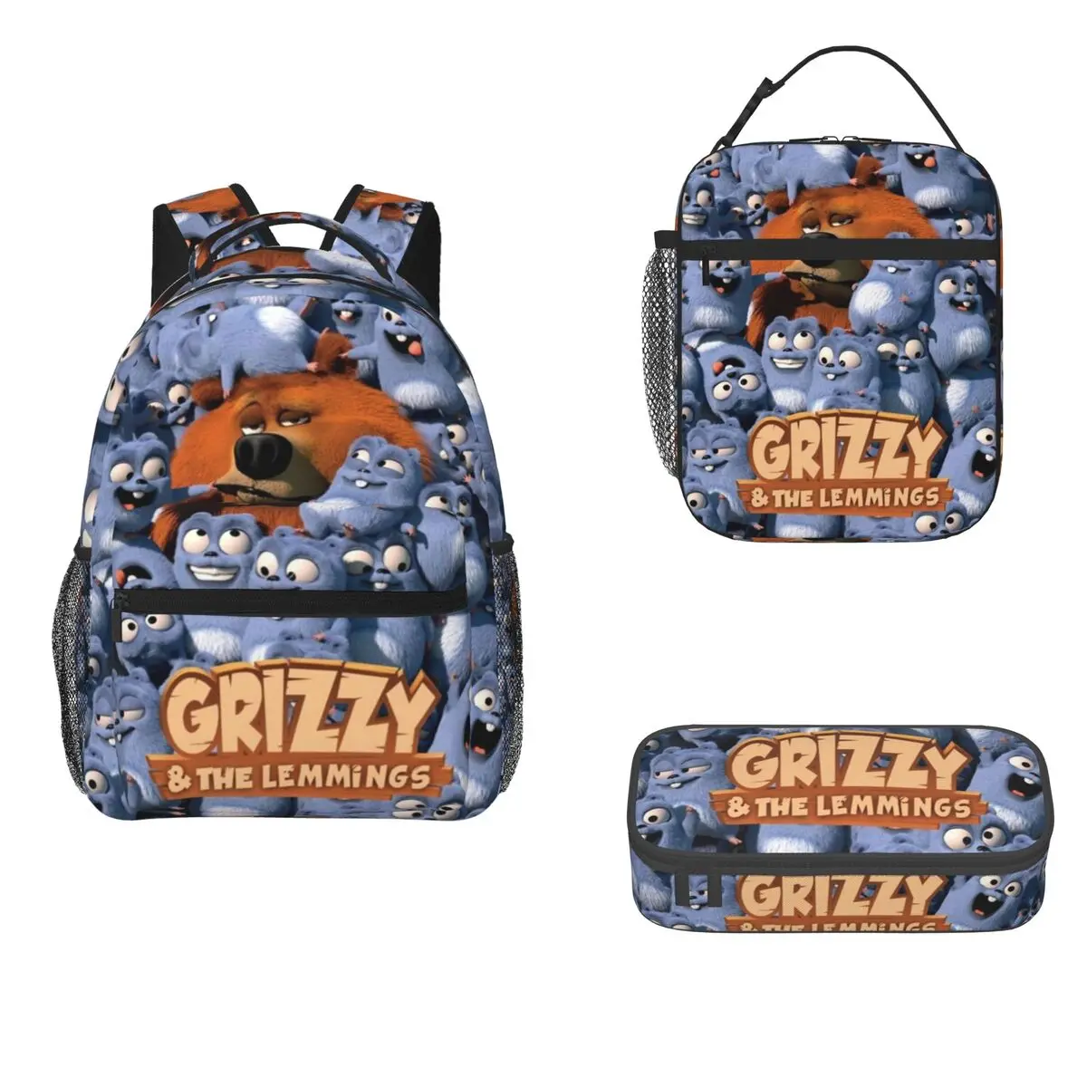 Funny Grizzy And The Lemmings Cartoon Characters Backpacks Boys Girls Bookbag Cartoon Rucksack Lunch Bag Pen Bag Three-Piece Set