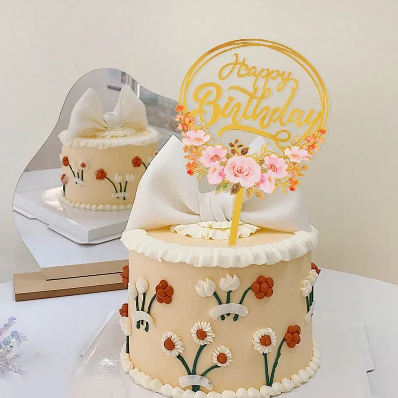 Espejo acrílico de 1/3 piezas para decoración de tarta de feliz cumpleaños, Flores, mariposas, suministros de decoración para fiesta de cumpleaños