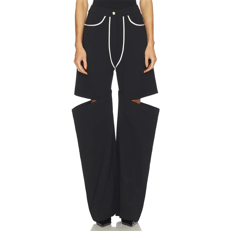 

Spring 2026Women's High-WaistColor Block Wide Leg Pants WhiteEdge Splice High Street Fashion Two-Piece Set Quality Long Trousers