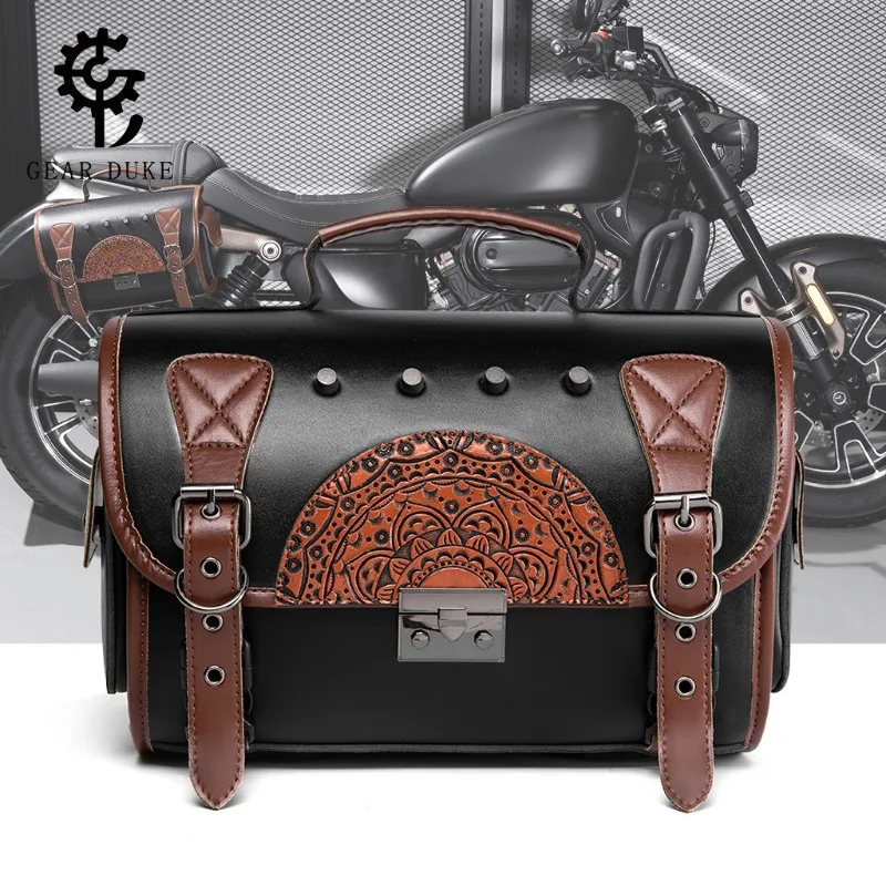 Retro Two-Tone Motorcycle Tail Bag, Gear Duke PU Leather Saddle Bag with Mandala Embossing for Harley Sportster 883 1200