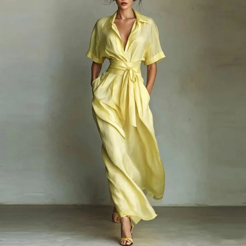 Zomerjurk voor dames, casual, effen, met zakken, losvallend, feestjurk, sexy, hoge taille, strikdetail, lange jurk, revers, korte mouwen, boho-stijl, lente 2026 - afbeelding 1